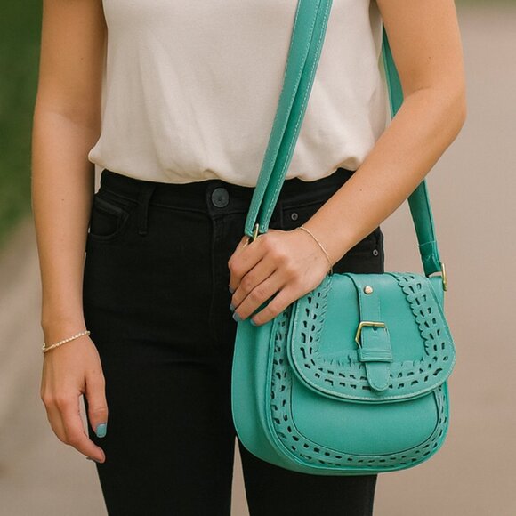 NEW Vegan Leather Turquoise Hollow Out - Picture 3 of 7
